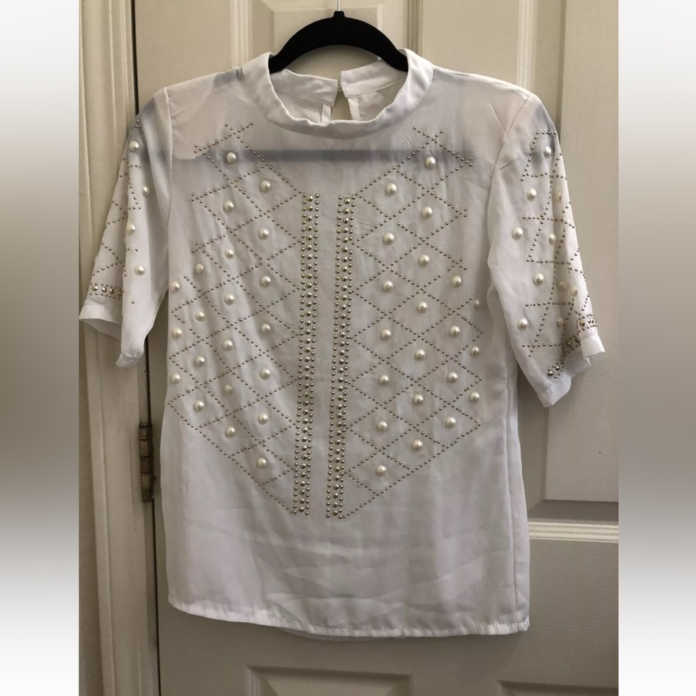 Beaded chiffon pullover short sleeve shirt women